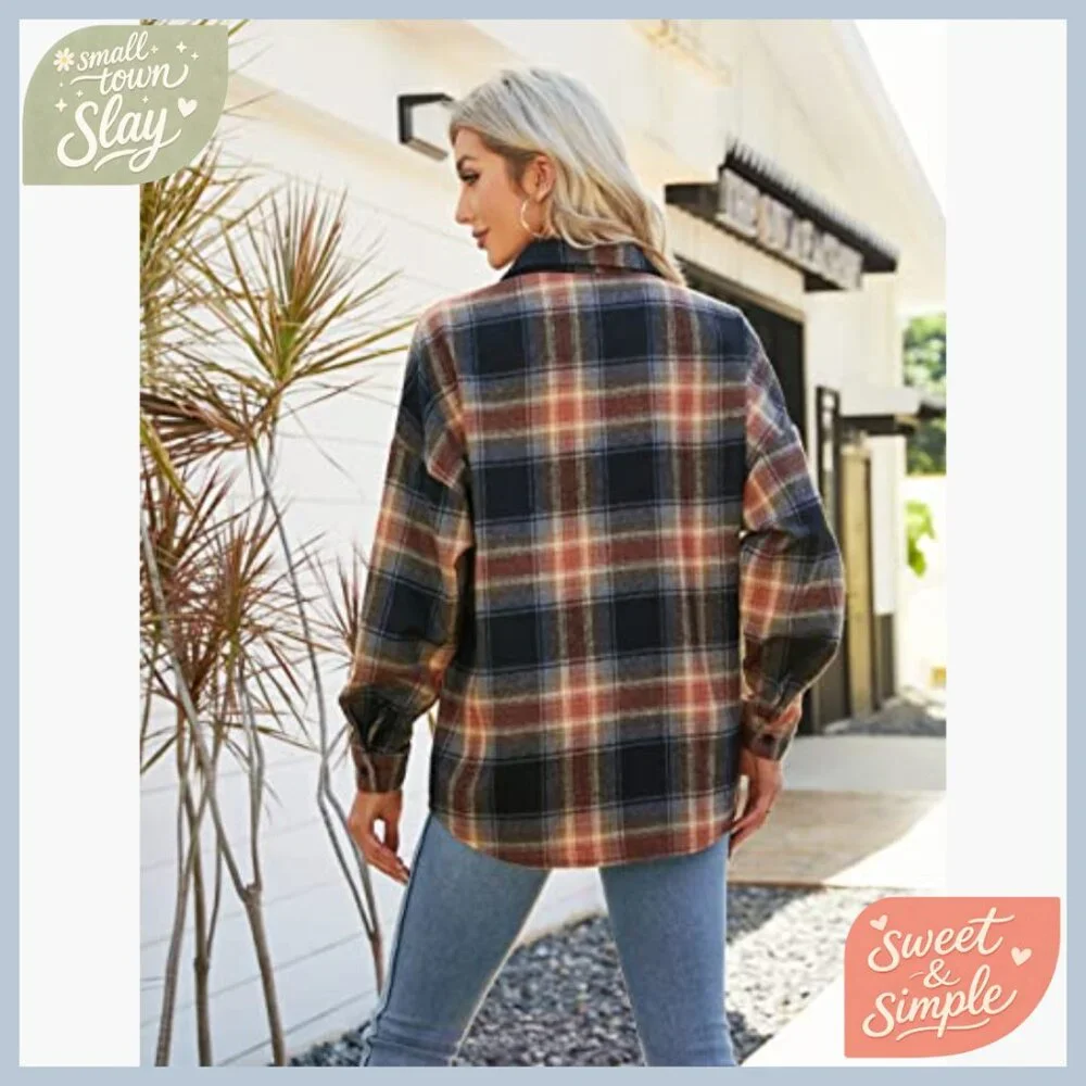 Oversized Flannel Shacket Button Down Shirt Long Sleeve Loose Fit Work Casual - Picture 6 of 6